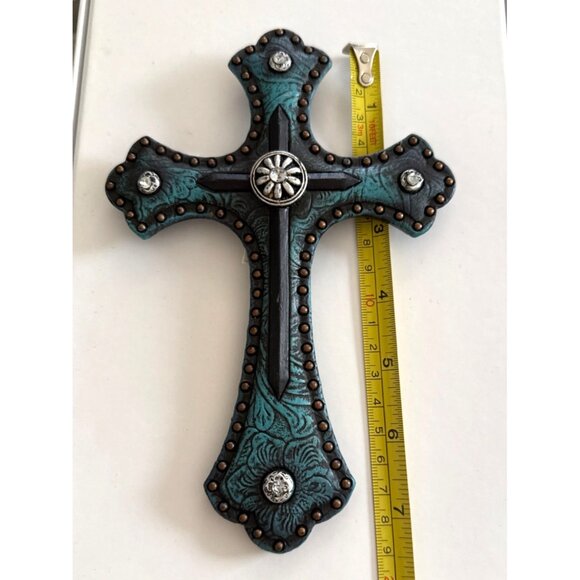Decorative Wall Cross With Embellished Rhinestones & Turquoise Floral Pattern 7. - Picture 4 of 5
